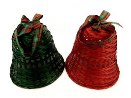 2 Large Wicker Bell Christmas Door Decorations, 1-Red 1-Green, Plaid Rib... - $19.55