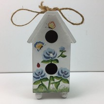 Hanging Wooden Bird House Blue Floral Butterfly Painted Double Hole - £19.97 GBP