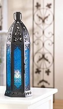 Tall FLORET Blue Candle Lantern 13&quot; Metal and Patterned Glass  - £26.10 GBP