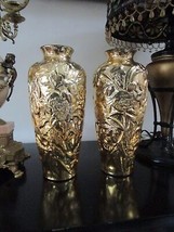 Original New York MIRRO-O-GOLD Mercury Glass Vases Flower Design 12 1/2&quot; - £178.60 GBP