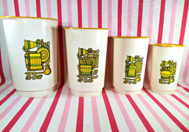 Groovy 1960&#39;s Plastic 8pc Nesting Canister Set Avocado &amp; Yellow MoD Graphics! - £25.10 GBP