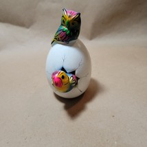 Cracked Egg Clay Pottery Bird Owl Parrot Bright Hand Painted Signed Mexi... - $14.83