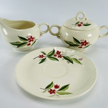 Woodvine By Universal Creamer Sugar Bowl Lid And Saucer Red Star Flower ... - £84.15 GBP