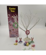 Vintage 90s White Wire 9&quot; Easter Tree with Box &amp; 11 Hanging Bunny Eggs O... - $11.39