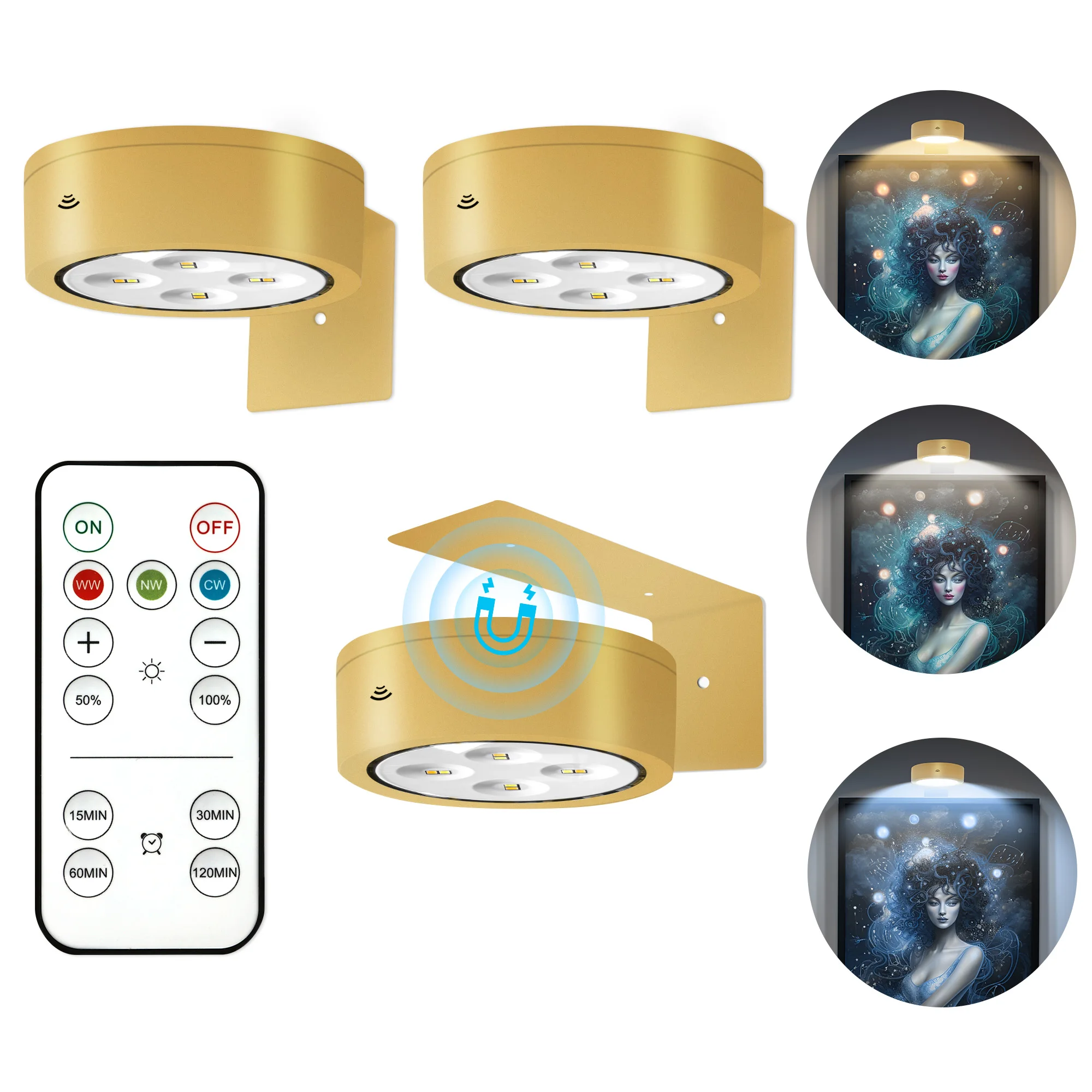 3Pcs Battery Operated Picture Light, Magnetic Led Painting Light with Remote - £16.12 GBP+