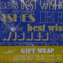 Vintage Gift Wrap BEST WISHES Blue Gold American Greetings Laurel Masculine USA - £4.32 GBP