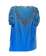 A.N.A. Women&#39;s Blouse Blue Brown Beads Short Sleeve Ruched Drawstring L - $254.10 MXN