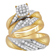 14kt Two-tone Gold His &amp; Her Diamond Cluster Matching Bridal Wedding Ring Set - £1,202.12 GBP