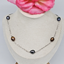 925 Sterling Silver Peacock &amp; Brown Pearl Beaded Station Chain Choker Necklace - £23.56 GBP