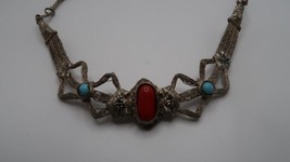 Vintage Ethnic Asian 19&quot; Blue Red Accent Silver Wire Wrap Necklace NB5 - £13.36 GBP