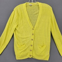 Fossil Women Cardigan Size L Yellow Preppy Linen Long Sleeve Button Up V-Neck - £10.10 GBP