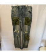 Smoke Rise 38x32 Utility Distressed Jeans Green Nylon Cargo Pocket Denim - $47.85 CAD