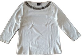 NWT Rafaella Women&#39;s White Embellished Scoop Neck Long Sleeve Top - £17.54 GBP