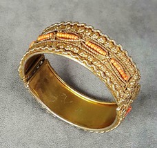 Coral Bead Hinged Clamper Gold Tn 7 3/4&quot; Vintage - £51.14 GBP