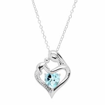 Simulated Blue Topaz Mother &amp; Child Heart Pendant 925 Sterling Silver 18&quot; - £44.97 GBP