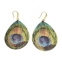 Teardrop Peacock Feather Motif Earrings Pierced Dangle Glittery Metallic Finish - £11.07 GBP