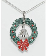 Sterling Christmas Wreath &amp; Bell Pendant Necklace - £13.13 GBP