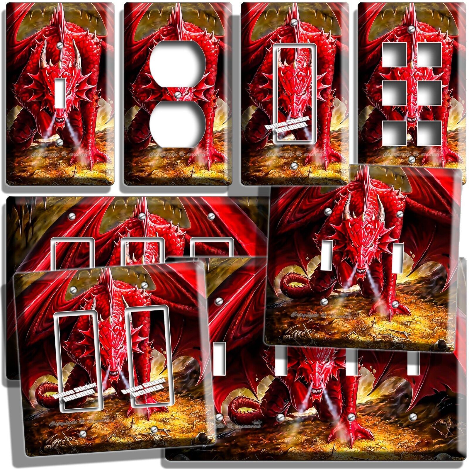 Red dragon gold treasure cave light switch outlet wall plates mythical