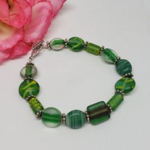 Artisan Matte Green Lampwork Beaded Silver Tone Bracelet - £11.52 GBP