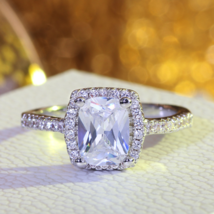 2 Carat Engagement Promise Ring Emerald Cut Cz Halo Sterling Silver Size 4-9 - £29.45 GBP