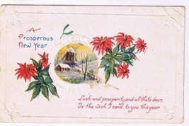Happy New Year Embossed Postcard Poinsettia Windmill Luck &amp; Prosperity - £1.74 GBP