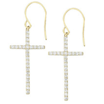 Sterling Silver Yellow Gold Plated Dangle CZ Cross Euro Wire Earrings - £53.58 GBP