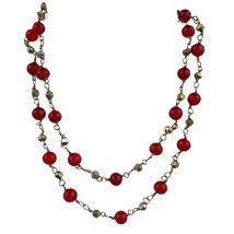 Dark Red Glass Round Bead Bronze Metal Necklace 22&quot; Jewelry  - £11.59 GBP