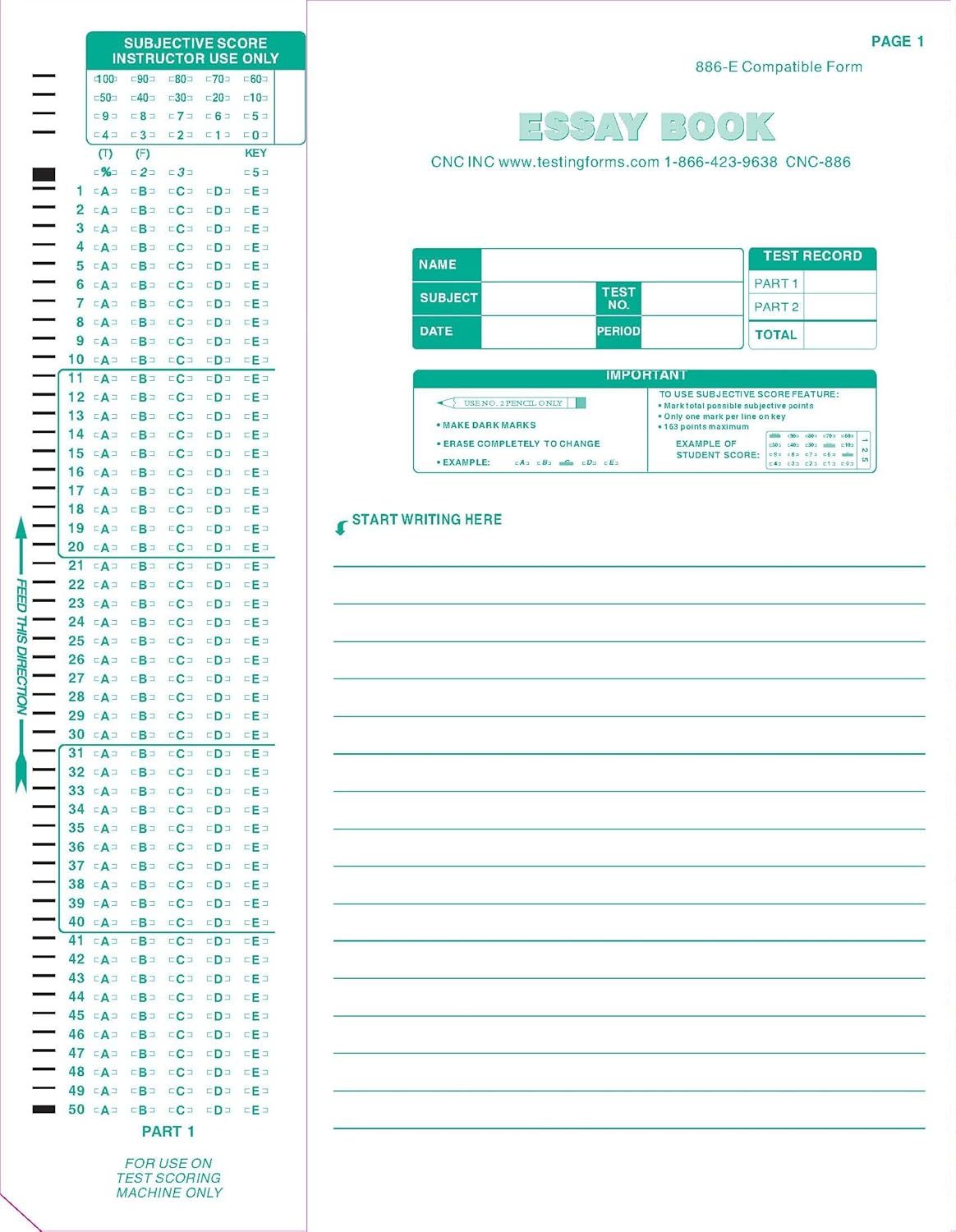 Test-886E 886-E 100 Question Compatible Testing Forms (100 Sheet Pack) - $47.99