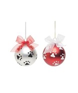 Paw Print Pet Cat Dog Glass Ball Hanging Christmas Ornament Pair Red &amp; W... - $19.35