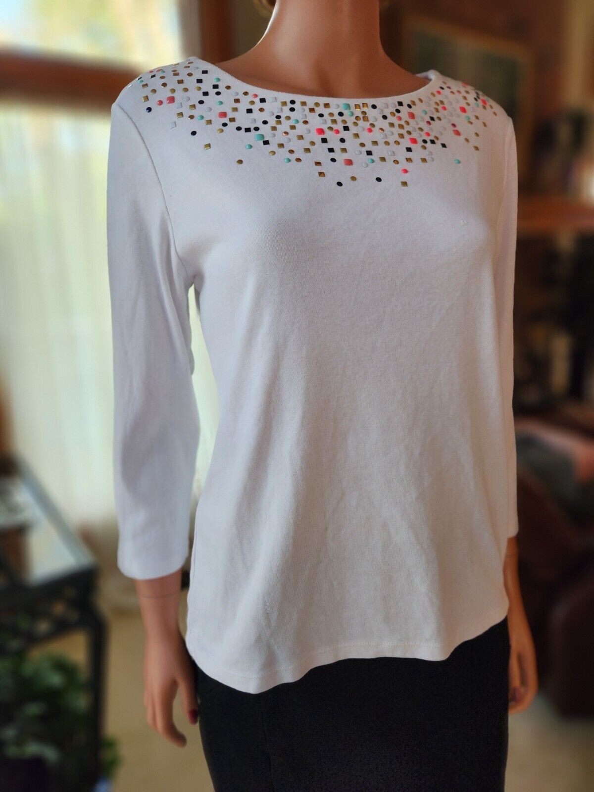 Primary image for Rafaella Womens Tee Size L/G White Studded Embellished Boat Neck 3/4 Sleeve Top