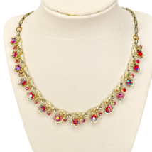 Vintage Signed Star Necklace Red Aurora Borealis Rhinestone Gold Tone Link 17.5&quot; - £16.25 GBP