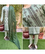 Pakistani Sage Green Printed Straight Shirt 3-PCS Lawn Suit w/ Threadwork ,L - €46,21 EUR