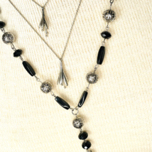 Necklace Lot 2 Silver Tone Black Beaded Tassels Lucky Brand and Unbranded 17-23&quot; - £10.35 GBP