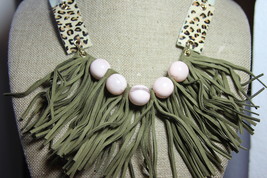 Plunder Necklace (New) JUDITH-LIGHT Pink Marbled Beads Olive Fringe 27&quot; (PN1525) - £30.06 GBP