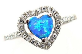 Blue Fire Opal Heart Ring Sterling Silver Halo Solitaire CZ Womens Size 7 8  - £17.54 GBP