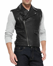 Men&#39;s Genuine Lambskin Leather Motorcycle Vest Slim fit Sleeveless Biker... - £70.52 GBP