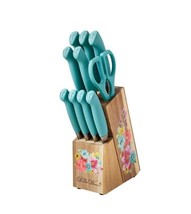Pioneer Woman ~ 11-Pc. Set ~ Stainless Steel Knives ~ ACACIA Wooden Block ~ TEAL - £41.85 GBP
