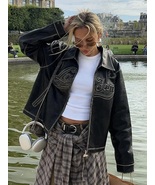 Vintage Leather Pu Printed Jacket For Women Fashion Lapel Loose Long Sle... - £130.52 GBP