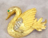 Brooch Gold Tone Swan Bird Green Crystal Rhinestone Eye Pin Estate Find - $10.77