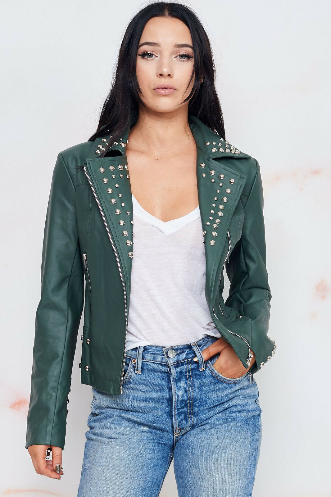 Customized Handmade Women's Green Biker Genuine Leather Silver Studded Jacket
