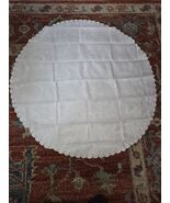 Vintage White Damask Tablecloth Rose Pattern Eyelet Scalloped Edge 36&quot; - $39.17 CAD