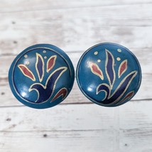 Vintage Clip On Earrings 1 &amp; 5/8&quot; Large Blue With Painted Design - $15.99