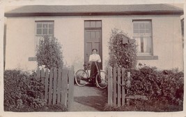 Woman &amp; BICYCLE-FRONT Of HOUSE-1910 Original Vintage British Real Photo Postcard - £9.62 GBP