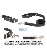 BLACK PREMIUM LATIGO ROLLED Round LEATHER DOG COLLAR&amp;BRAIDED LEASH SET L... - $33.29+