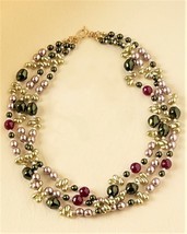 Smithsonian Triple Strand Glass Pearl and Fuschia Agate Necklace &amp; Earring Set - £129.29 GBP