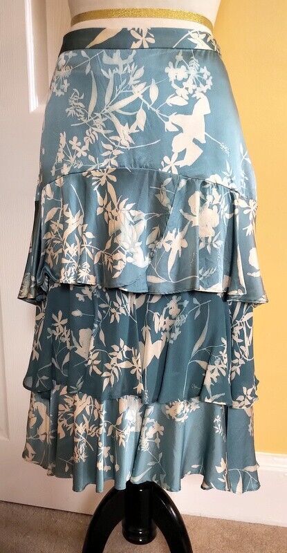 Primary image for BANANA REPUBLIC Blue/Cream Floral Print Layered/Tiered Ruffled Silk Skirt (2)