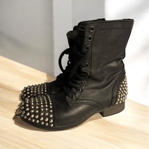 Steve Madden Black Leather Studded Tarrney Grunge Biker Combat Lace Up Boot 5.5 - £35.34 GBP