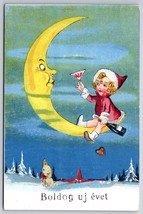 Seduto Su Crescent Moon Happy New Year Boldog Uj Evet Ungherese DB Cartolina K4 - £35.17 GBP