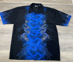 Dragonfly Mens L Button Shirt  Blue Black Tribal Tattoo Dragon Hawaiian Camp L - £18.65 GBP