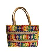Vintage Woven Straw Tote Bag Colorful Embroidered Geometric Boho Market ... - $34.20